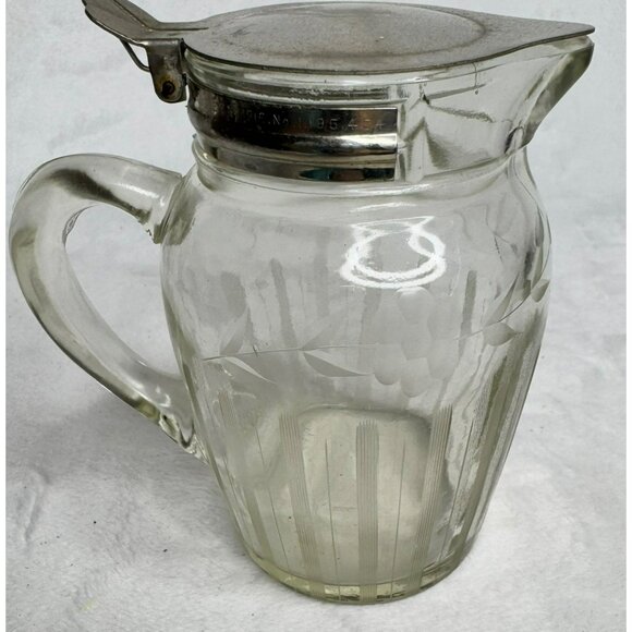 VTG Glass Syrup Pitcher With Metal Lid Etched Floral Design Marked E & JB 1916 - Picture 6 of 13
